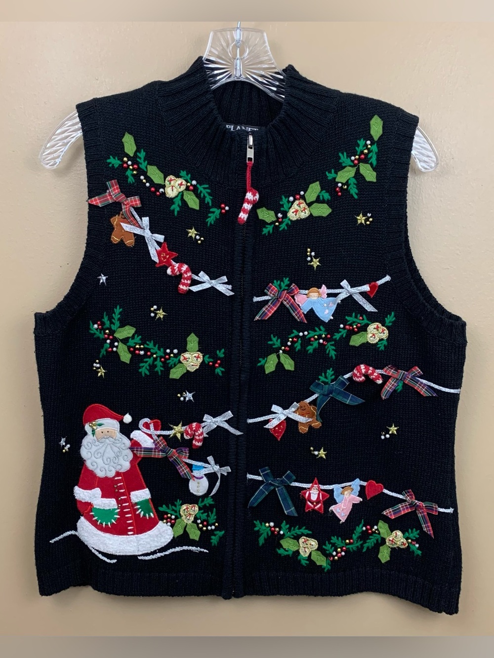 Planet Company Womens Petite Large Black Ugly Christmas Sweater Vest Knit Santa